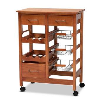 Crayton Wood and Metal Mobile Kitchen Storage Cart Oak Brown/Silver - Baxton Studio