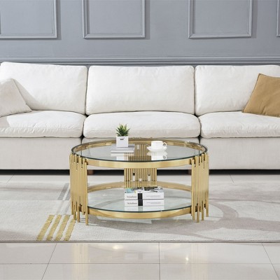 CAVINAS Coffee Tables for Living Room 35.43" Luxurious Round Gorgeous Golden Metal Coffee Table with Clear Glass, Gold