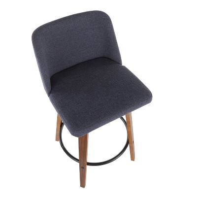 Walnut and Blue Mid-Century Modern Swivel Counter Stools, Set of 2
