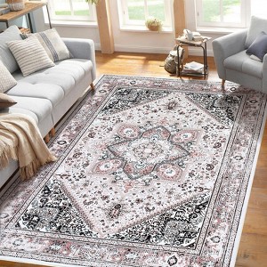 Vintage Washable Floral Area Rug: Non-Slip Distressed Oriental Carpet with Medallion – Low-Pile Accent Floor Mat for Living Room, Laundry Room - 1 of 4