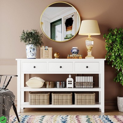 Console Table, Entryway Table with 3 Drawers & 2 Tier Open Shelf Mid-century Modern Accent Table with Solid Wood Legs
