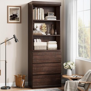GAOMON 70''Farmhouse Bookcase with Drawers,Wooden Deep Bookshelves Storage Cabinet Organizer for Living Room, Kitchen, Home Office (Red Brown) - 1 of 4