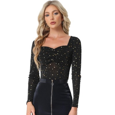 Allegra K Women's Glitter Sheer Mesh Long Sleeve Sweetheart Neck Blouse