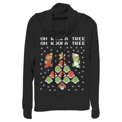 Juniors Womens Nintendo Christmas Mario Bros. Koopa Tree Cowl Neck Sweatshirt