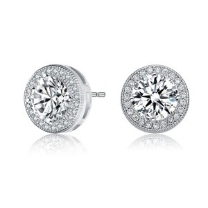 Guili Sterling Silver Rhodium Plated Clear Round Cubic Zirconia Solitaire Halo Stud Earrings, a Classic Statement of Elegance and Brilliance - 1 of 3