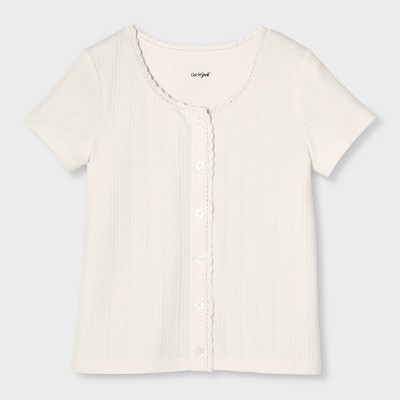 Cat & Jack Girls' Short Sleeve Pointelle Lace Trim Button-Down T-Shirt - Cat & Jack™ Cream S — фото 2