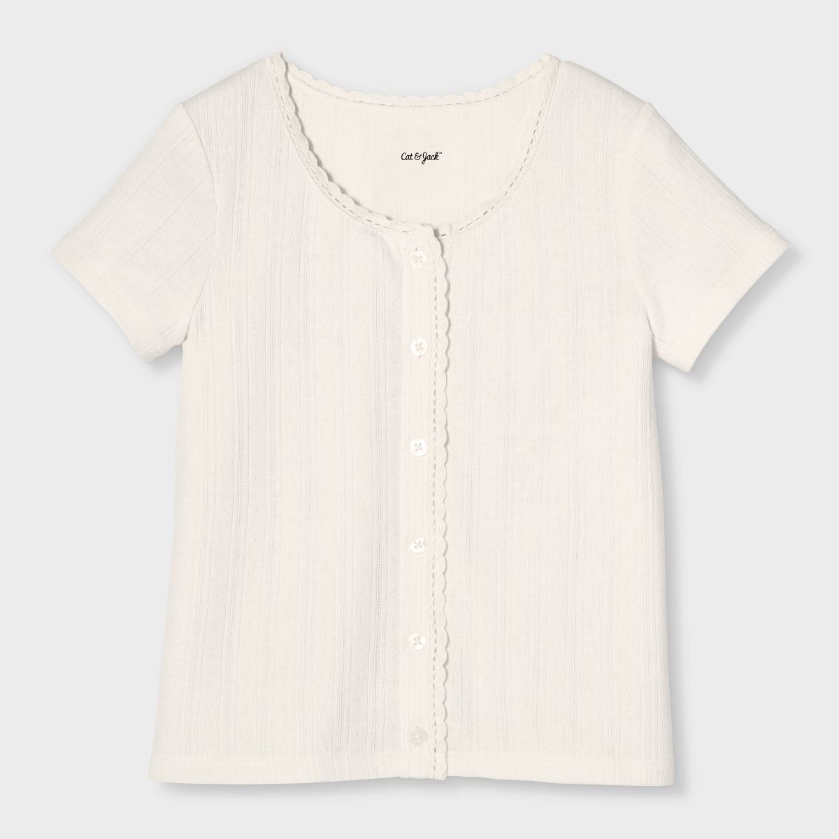 Girls' Short Sleeve Pointelle Lace Trim Button-Down T-Shirt - Cat & Jack™ - thumbnail 5