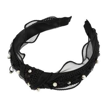 Unique Bargains Women's Rhinestone Faux Pearl Beaded Knotted Headbands Black 1 Pc