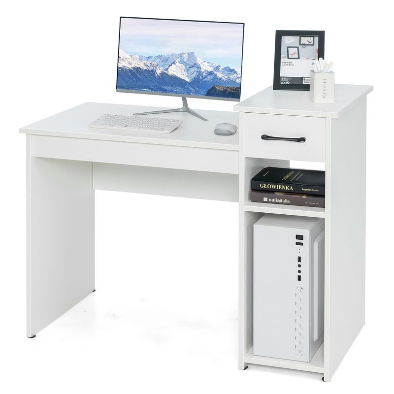 Costway Home Office Computer Desk White Study Desk Laptop Table with Drawer & Storage Shelf, 1 of 11
