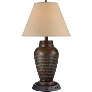 Regency Hill Auburn Rustic Farmhouse Table Lamp 25" High Bronze Hammered with Dimmable USB Workstation Base Natural Linen Empire Shade for Living Room - 1 of 4