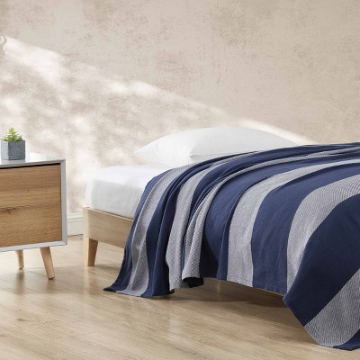 Boylston Navy Stripe Twin Cotton Reversible Blanket