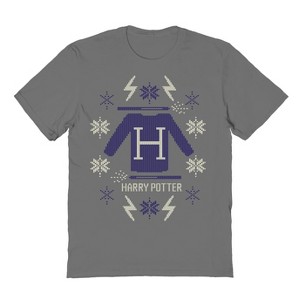 Harry Potter Men's Blue Christmas Swetter Pattern Short Sleeve Graphic Cotton T-Shirt - 1 of 3