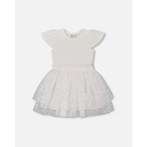 Deux par Deux Girl Bi-Material Dress with Glitter Hearts Skirt Snow White - 1 of 4