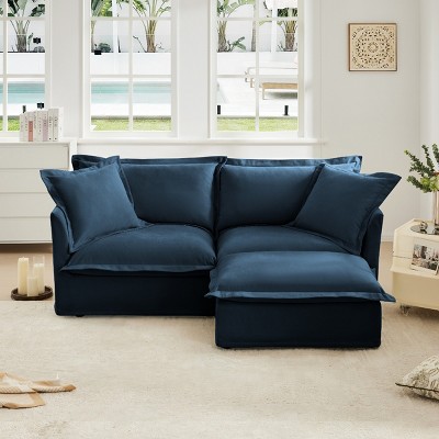 Slipcovered Sectional Sofa, 2 Seater Sofa with Removable Cover, Sofa with Convertible Ottoman, Chenille Fabric Sectional Sofas-Cuddlewood