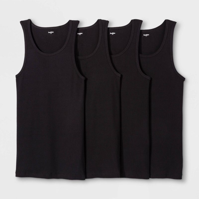 Men's 4pk Ribbed Tank Top - Goodfellow & Co™ Black S: Sleeveless Undershirts, Scoopneck, Lightweight Fabric