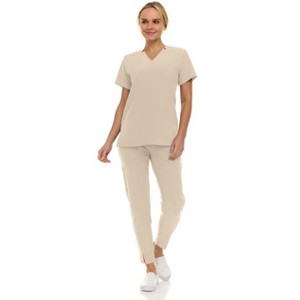 Saint Scrubs Womens 9-Pocket Medical Uniform Set- V-Neck Stretch Top with Tapered Straight Leg Pants - 1 of 4