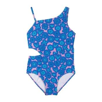 Andy & Evan  Kids  Blue Floral Print One-Shoulder Swimsuit