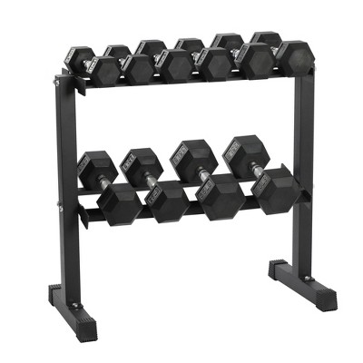 HolaHatha 10, 15, 20, 25, and 35 Pound Rubber Encased Hexagon Non Slip Dumbbell Weight Set with Rack for Various Strength Training Workouts, Black
