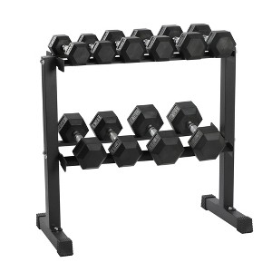 HolaHatha 10, 15, 20, 25, and 35 Pound Rubber Encased Hexagon Non Slip Dumbbell Weight Set with Rack for Various Strength Training Workouts, Black - 1 of 4