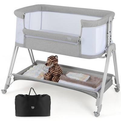 Image of Costway Baby Bedside Sleeper Bassinet with  Wheels & Storage Tray Folding Adjustable Crib