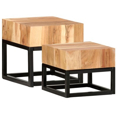 vidaXL Side Table Set of 2 Natural and black Solid Acacia Wood Small