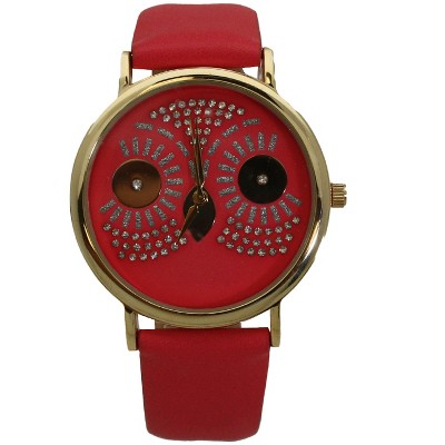 OLIVIA PRATT DAZZLING OWL FACE LEATHER STRAP WATCH