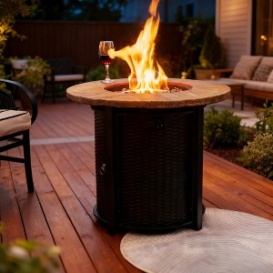 BAOURE 30" Round Propane Fire Pit Table, 50,000 BTU Outdoor Gas Firepit with Wood Grain Finish & Glass Stones for Patio - 1 of 4