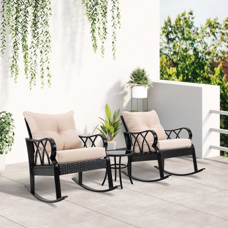 Outsunny 3-Piece Rocking Chair Bistro Set, Wicker Conversation Set, Outdoor Patio Rattan Furniture Set with Tempered Glass Side Table, Khaki, 2 of 7