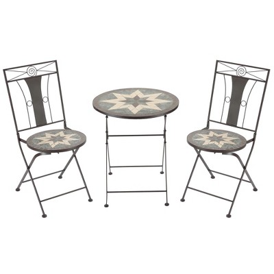 Resenkos 3 Pieces Patio Bistro Set, Mosaic Pattern Metal Folding Chairs, Foldable Outdoor Dining Table, Brown