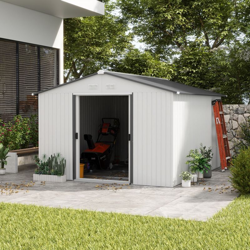Outsunny 11' x 9' Metal Storage Shed Garden Tool House with Double Sliding Doors, 4 Air Vents for Backyard, Patio, 2 of 7