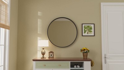 Natural Wood Round Wall Mirror with Silver Accents, 32 Inches