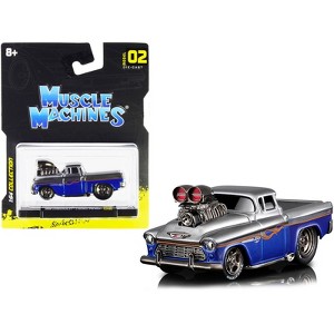 1955 Chevrolet Cameo Pickup Truck Gray and Blue Metallic with Flames 1/64 Diecast Model Car by Muscle Machines - 1 of 4