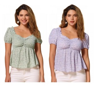INSPIRE CHIC Women's Short Sleeve Floral Sweetheart Neck Shirred Ruffle Peasant Top 2 Packs - 1 of 4