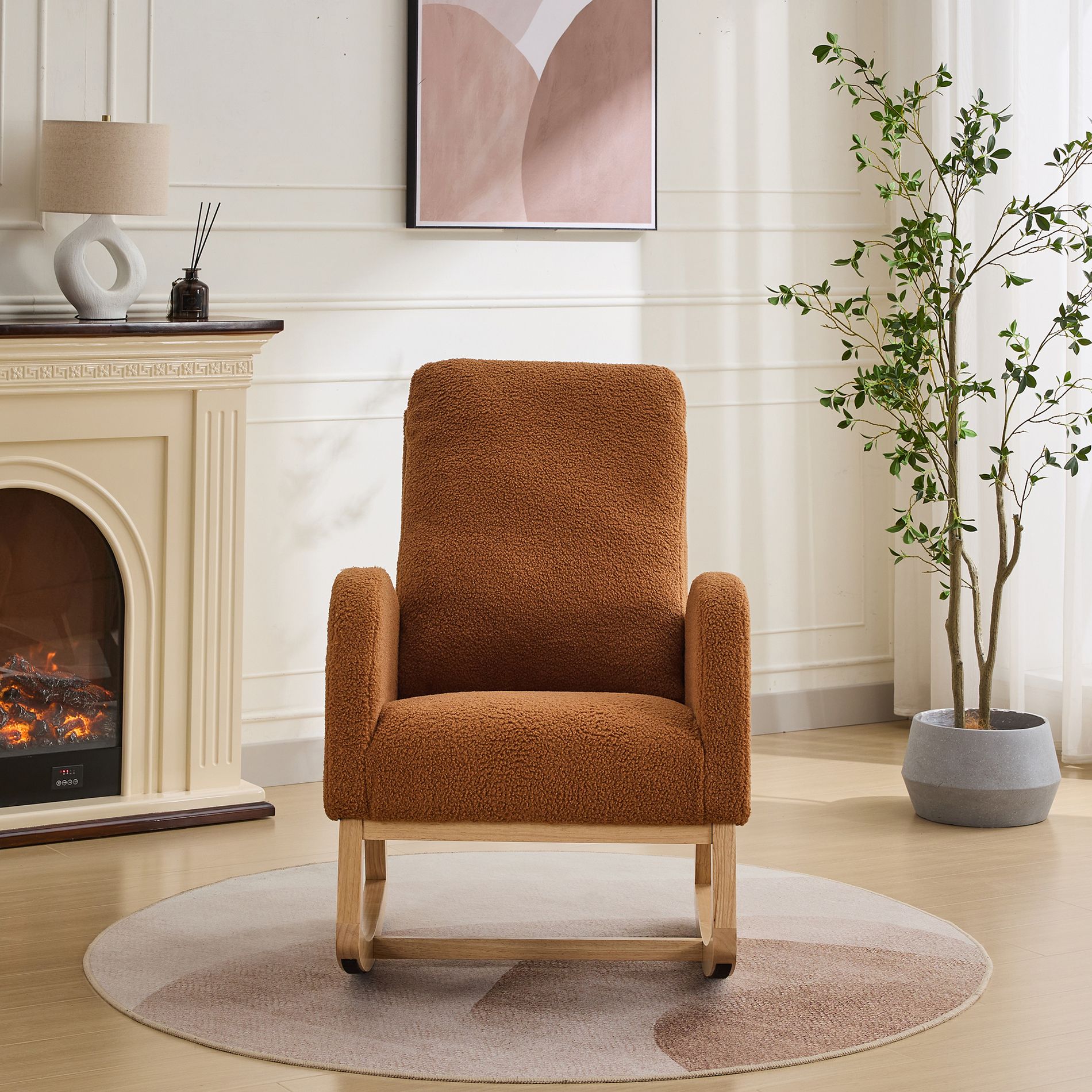 TiramisuBest 27.2"W Nursery Rocking Chair, High Back Polyester Glider with Side Pocket & Rubber Wood Rocking Legs for Living/Bedroom,Caramel