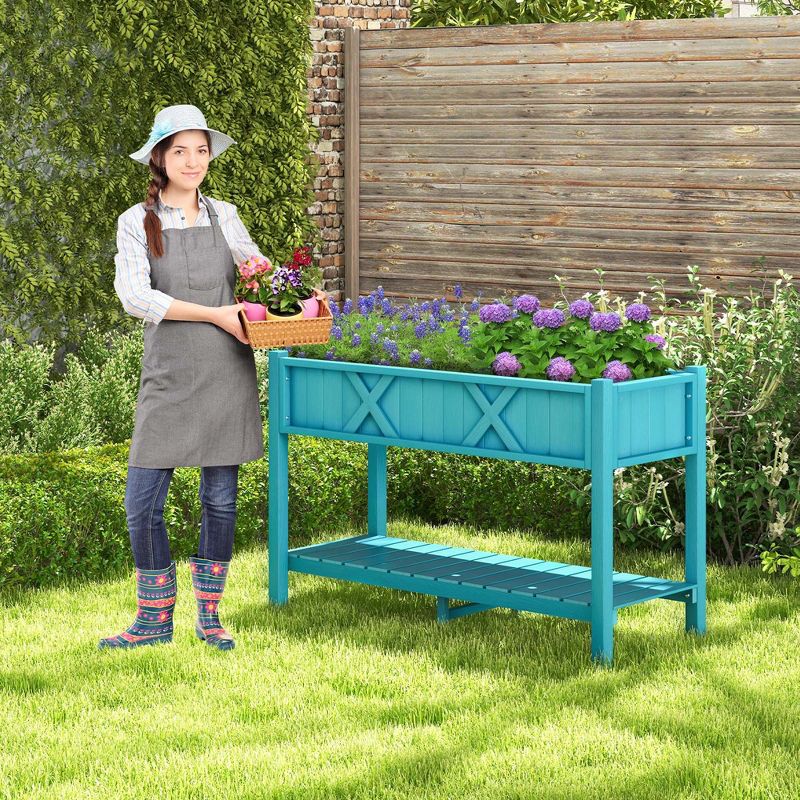 Costway HIPS Raised Garden Bed Poly Wood Elevated Planter Box with Legs, Storage Shelf Blue/Coffee/Black, 2 of 11