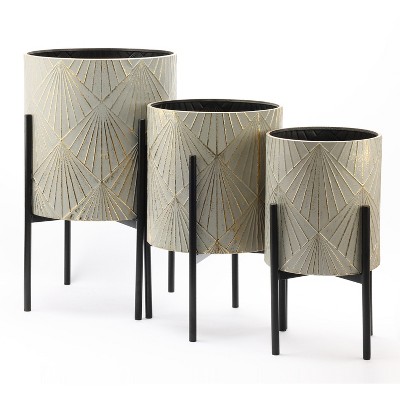 Set of 3 Gray and Gold Metal Cachepot Planters with Black Stands