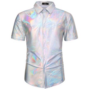 Lars Amadeus Men's Button Down Short Sleeves Shiny Metallic Holographic Shirt - 1 of 4