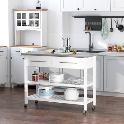 White Stainless Steel Top Kitchen Cart with Storage and Shelves