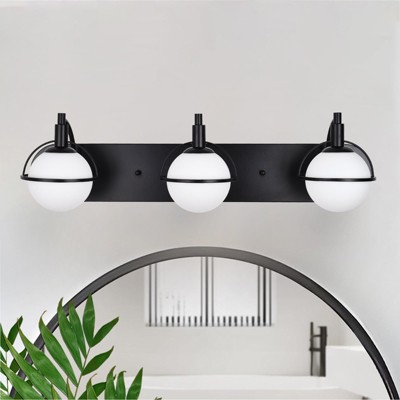 PAKOKULA 27.95 in. 3-Light Black Wall Sconce with White Globe Shades and Black Trim