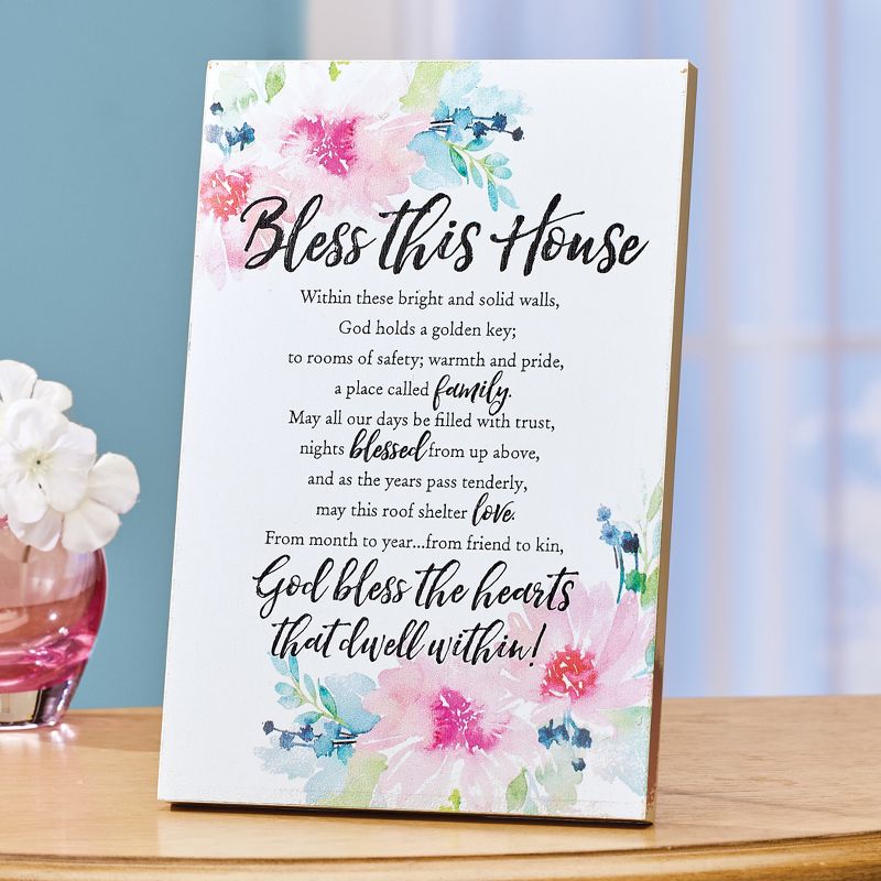 Collections Etc Bless This House Watercolor Flowers Wooden Plaque 6" x 0.75" x 9", 2 of 3