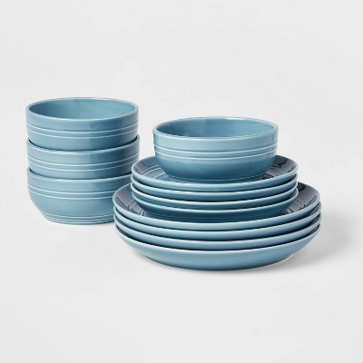 12pc Stoneware Westfield Dinnerware Set Blue Threshold Solid Dish Set Microwave Dishwasher Safe Service For 4 Target