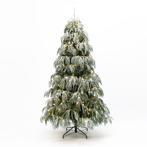 LuxenHome 7Ft Snow-Flocked Downswept Branches Artificial Christmas Tree with Multi-Color Lights Green - 1 of 4