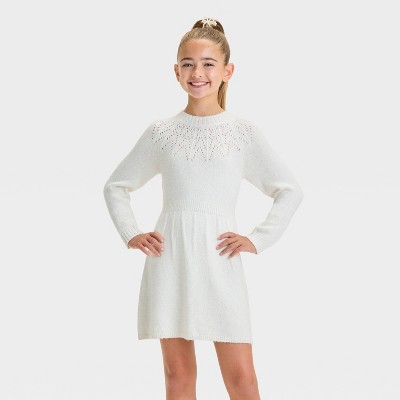 Image of Girls' Pointelle Long Sleeve Sweater Dress - Cat & Jack™ Cream XL