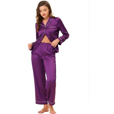 cheibear Women's Satin Button Down Lounge Tops and Pants Sleepwear Pajama Set
