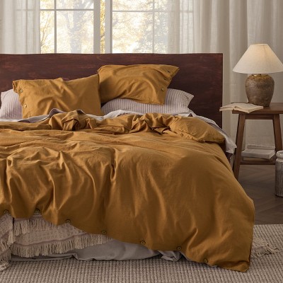 3 Pieces Linen Soft & Cozy Duvet Cover Linen Cotton Blend Bedding Set Tropical Plants Beige Color Cooling Bedding