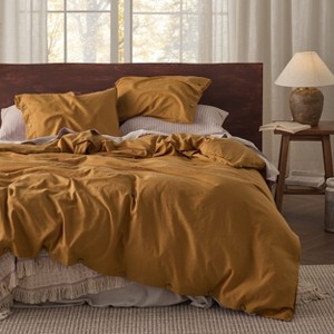3 Pieces Linen Soft & Cozy Duvet Cover Linen Cotton Blend Bedding Set Tropical Plants Beige Color Cooling Bedding - 1 of 4