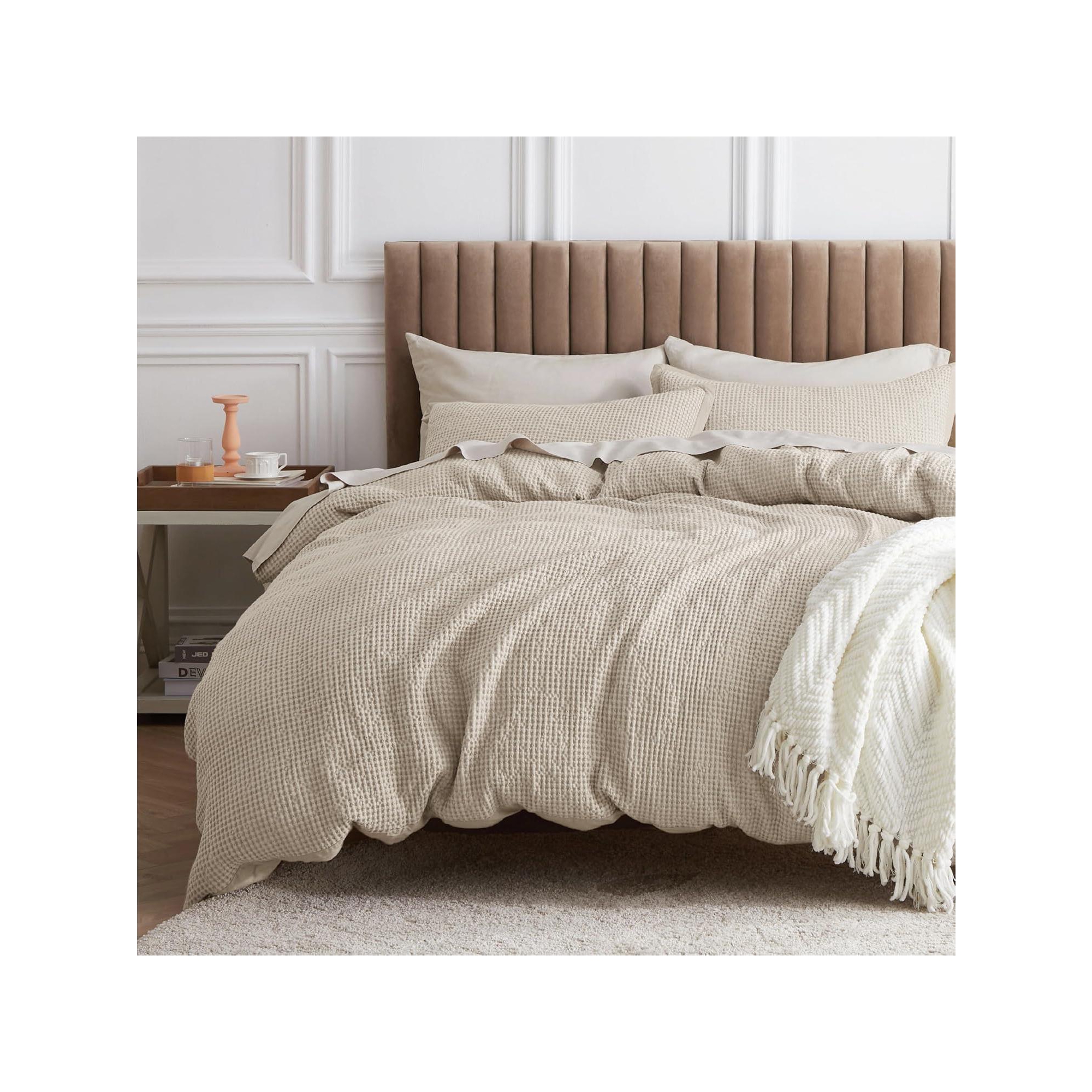Bedsure Beige King Size 3 Piece Cotton Duvet Cover Set 100% Cotton Waffle Weave Breathable All Season OEKO TEX Certified Valentine’s Day Premium Gift