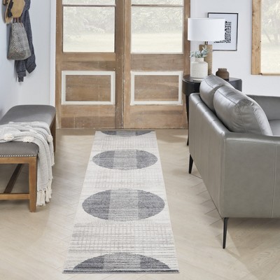 Astra Mid-Century Modern Ivory Blue Washable Geometric Runner Rug