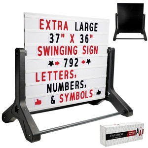 Excello Global Products Swinging Changable Message Sign: 37" x 36" Sign , 792 Double Sided Letters/Storage Box. Black Board/Letter Board (Black Legs) - 1 of 4