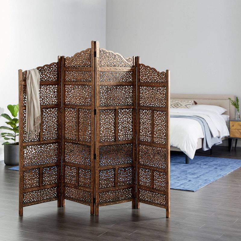 Traditional Wood Carved Pattern Room Divider Screen Brown - Olivia &#38; May, 3 of 7